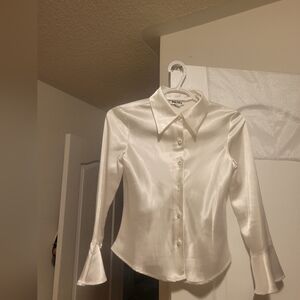 Satin button up flare sleeve top